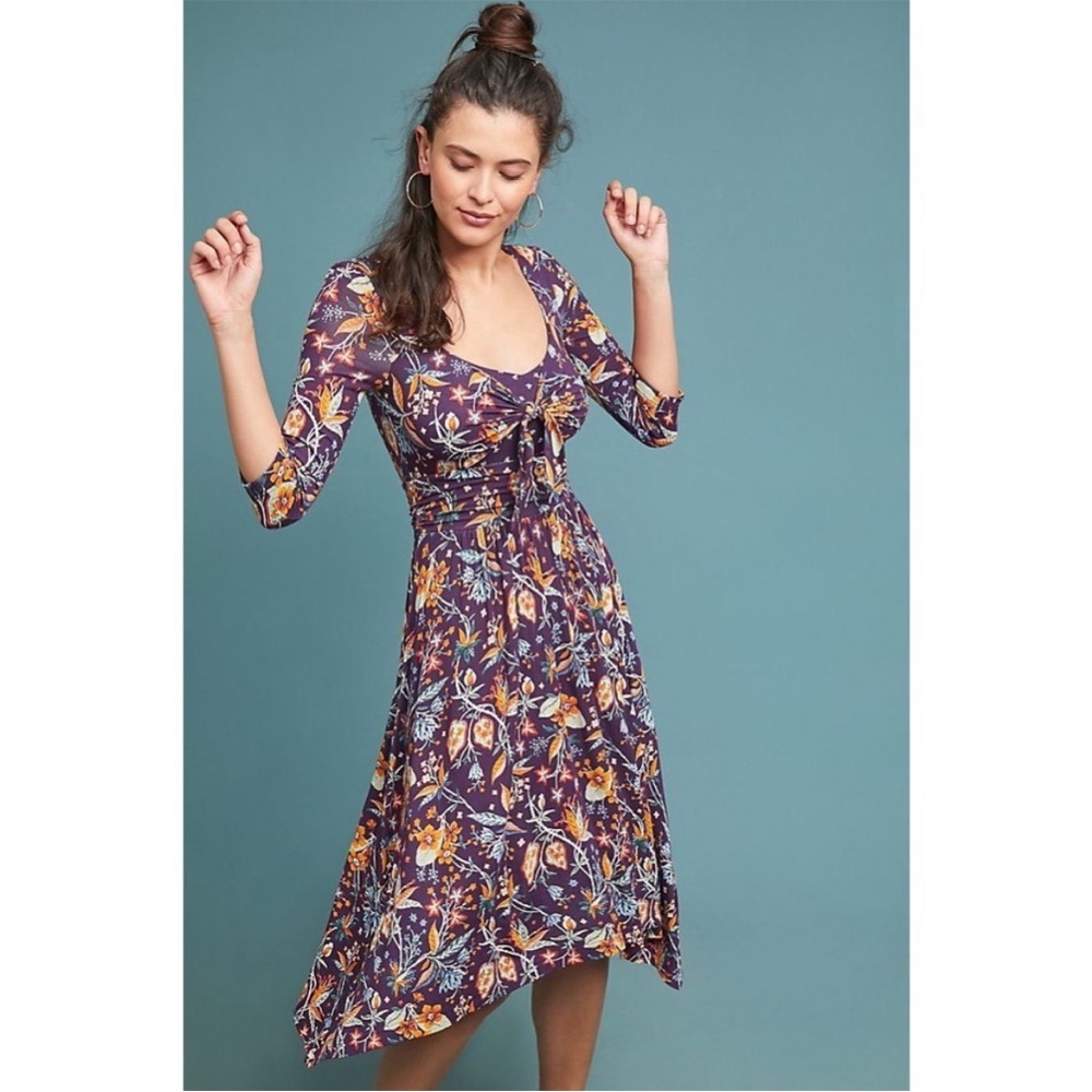Anthropologie Purple Floral Tie-Front Midi Dress with Yellow Accents